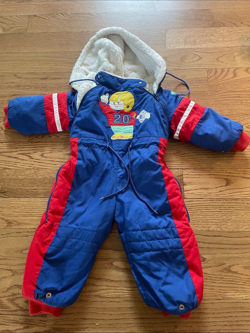 VTG London Fog Kids Blue & Red Puffer Ski One-Piece with Helmet Patch